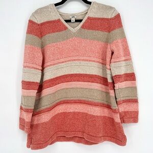 L.L. Bean Cotton Striped Textured Multicolor V-Neck Sweater 100% Cotton